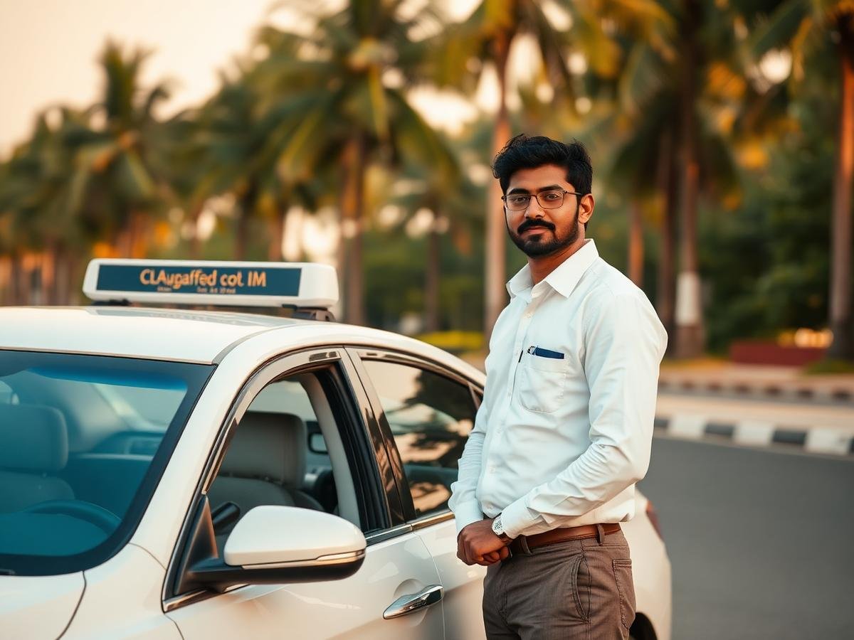 Professional chauffeur beside a white taxi on a Goa beach road